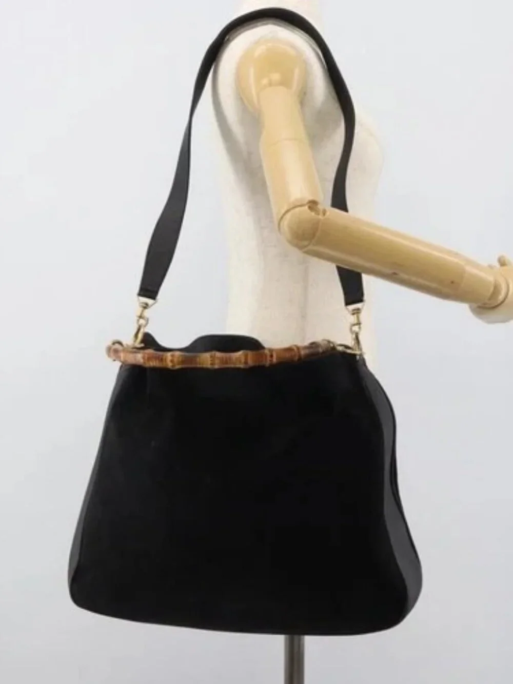 GUCCI Bamboo Hand Bag Suede 2way Black Gold 001 2058 Auth 190591